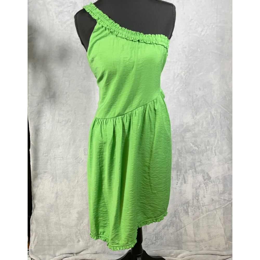 Anthropologie Womens One Shoulder Midi Dress XS Lime Green Ruffle Asymmetric